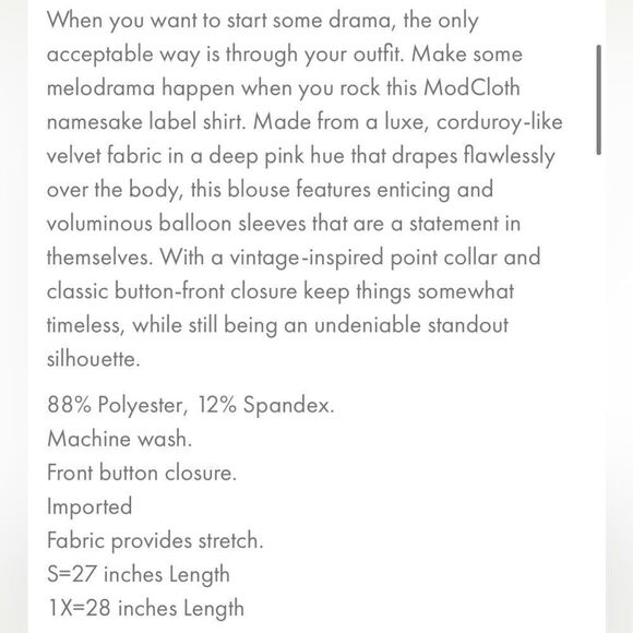 Modcloth Here For the Drama Button Up Corduroy Velvet Top Balloon Sleeve Wine S - Picture 10 of 12